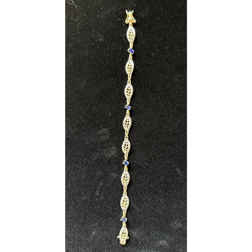 SIGNED DL Gold Plated Sterling 925 Filigree Sapphire Blue Crystals 7.5” Bracelet - Picture 5 of 12